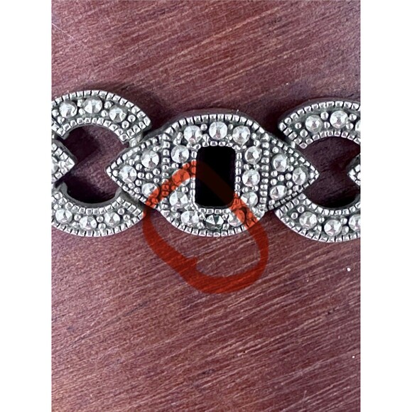 Marcasite & Onyx Art Deco Style 925 Sterling Link Bracelet - Picture 9 of 9